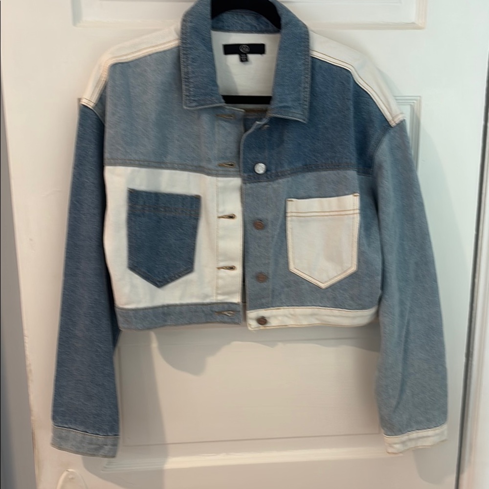 Blue and Cream Cropped Jean Jacket with Colorblock Design